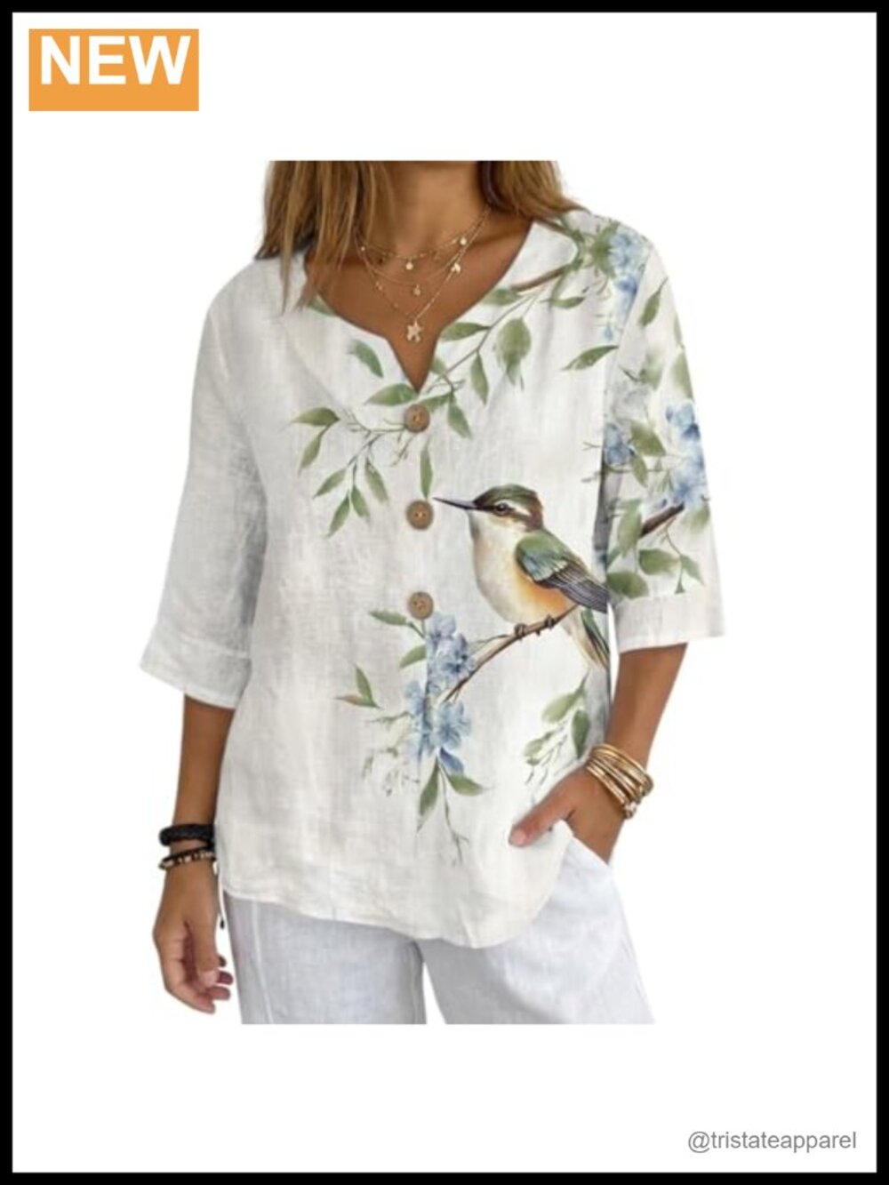 Women's 3/4 Sleeve Linen V Neck Button Down Shirt